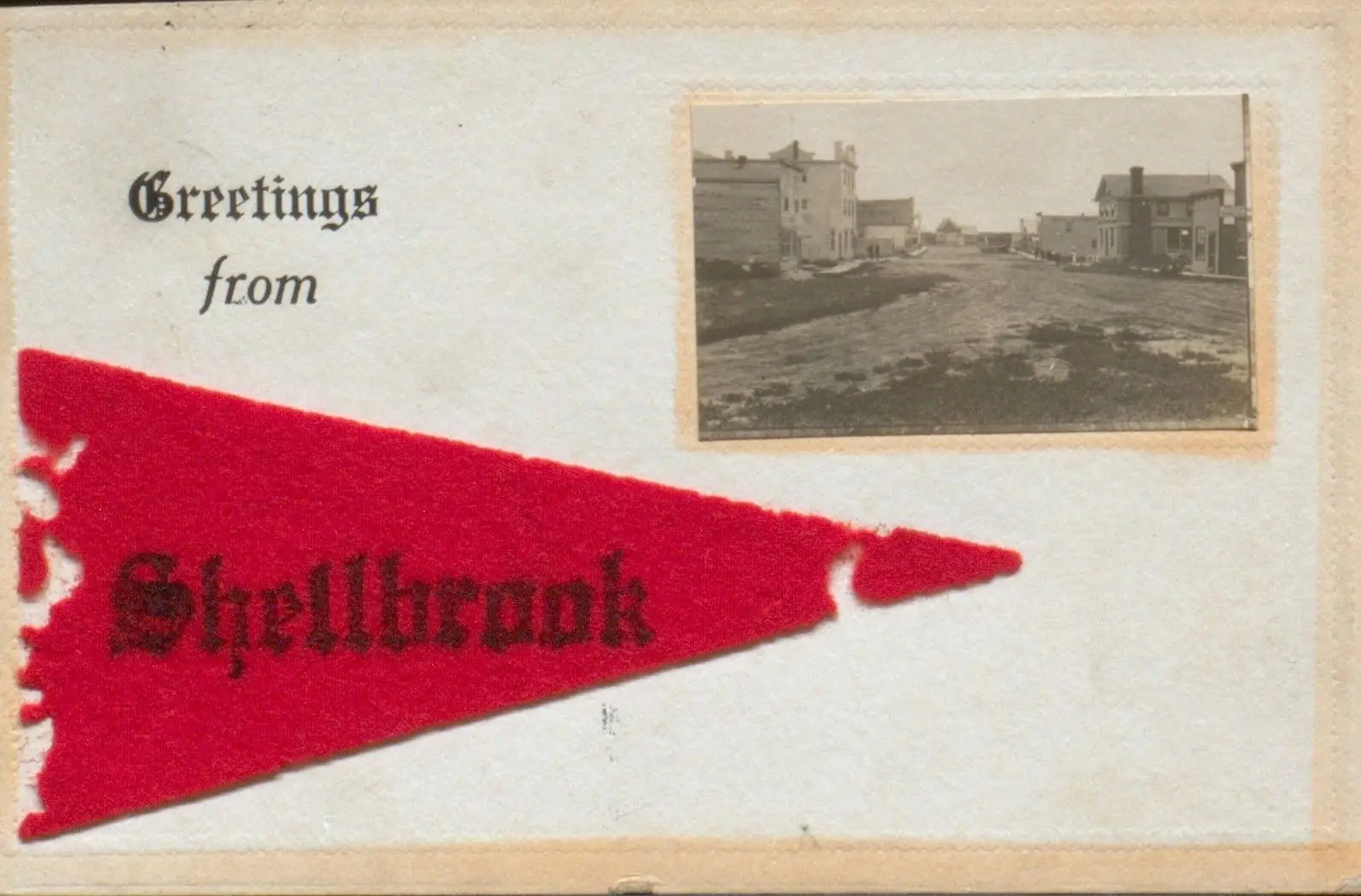 Greetings from Shellbrook postcard with felt pennant and street view